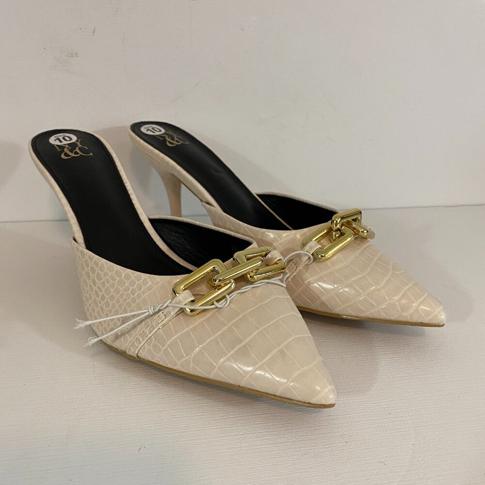 NY&C New York & Company Ivory Faux Leather Heeled Mules Womens 10